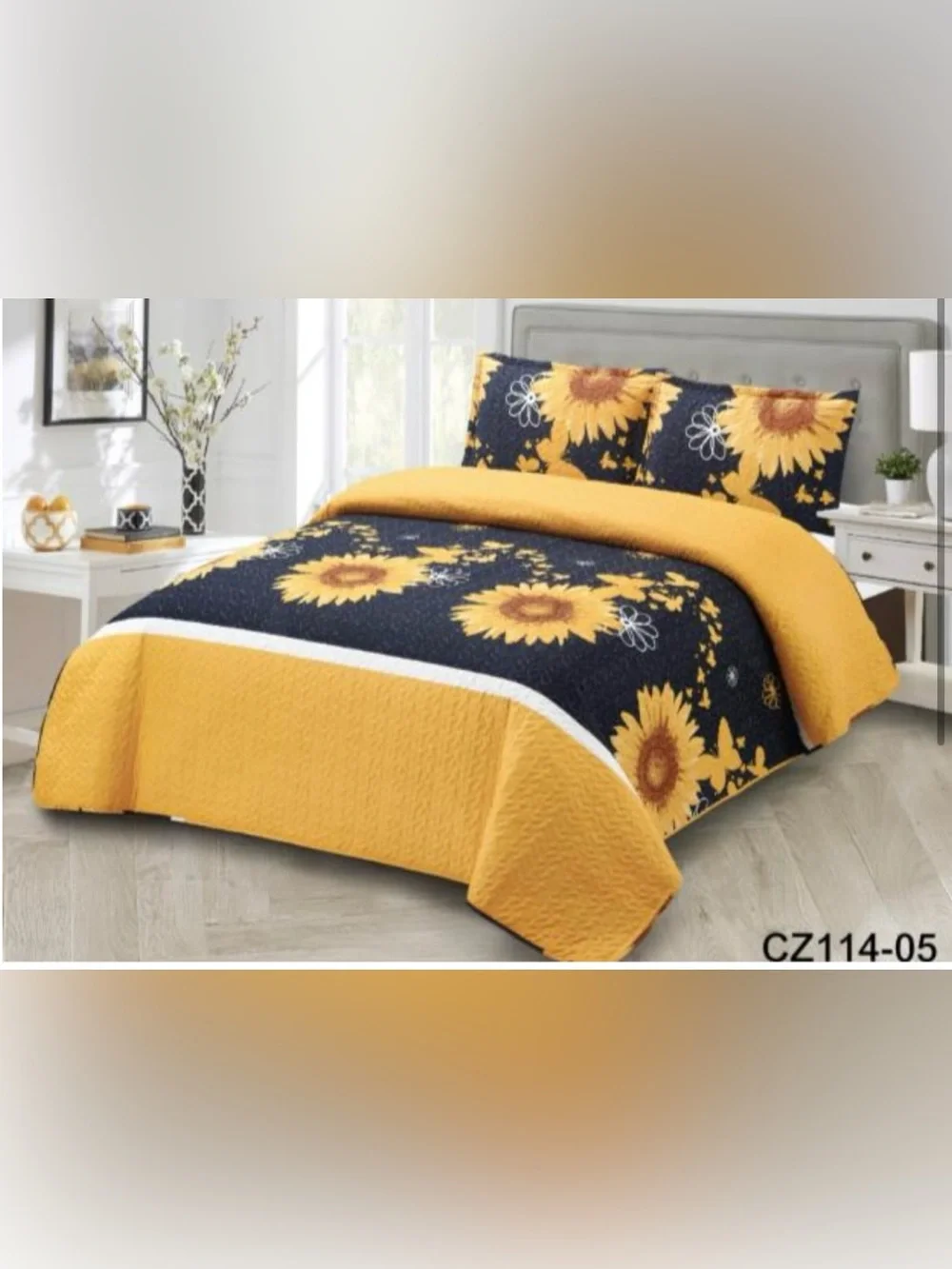 Queen 3 piece quilt set sunflower w/ butterfly